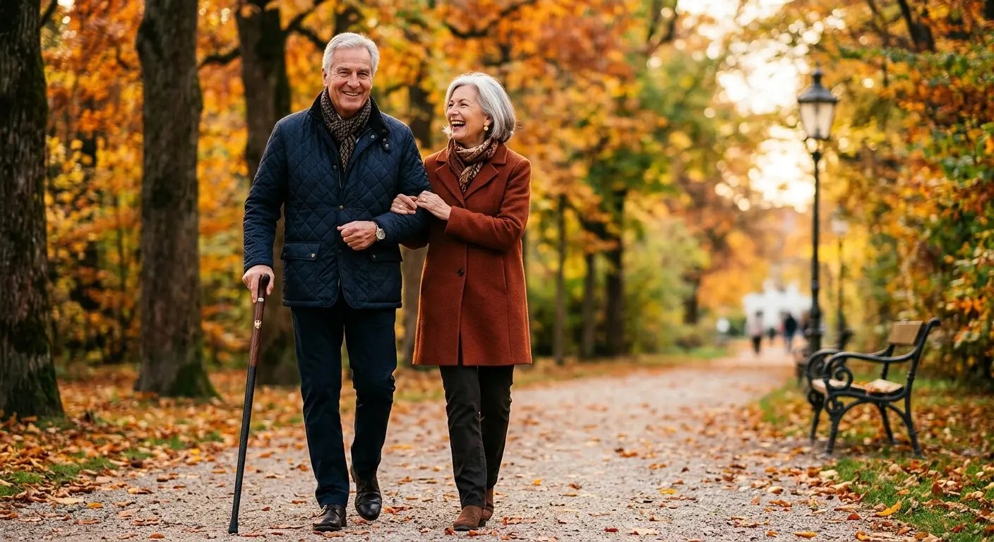 Senioren Paar genießt einen Spaziergang mit Tragwell Gehstock